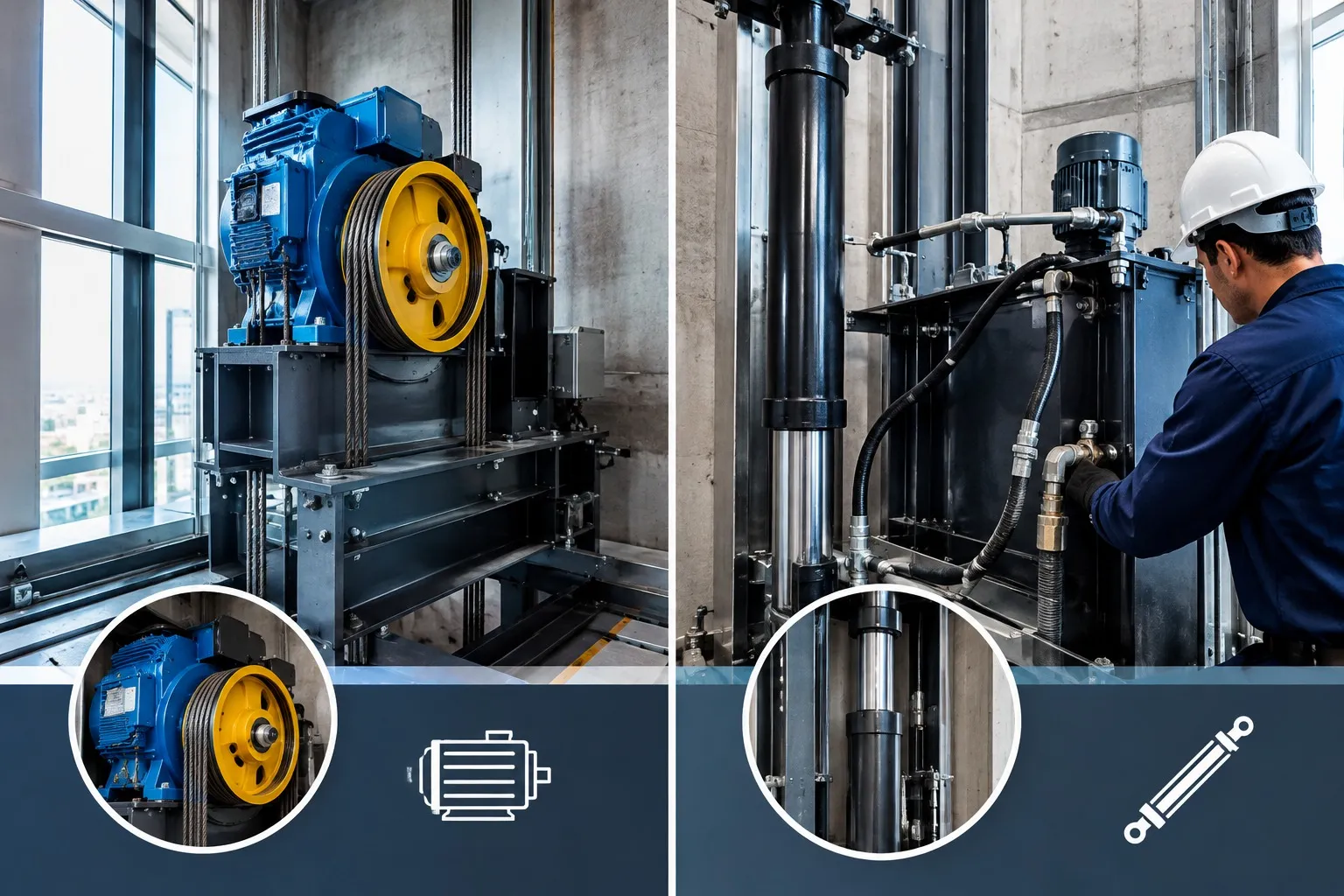 Máquina de tração de elevador elétrico ao lado de um sistema hidráulico