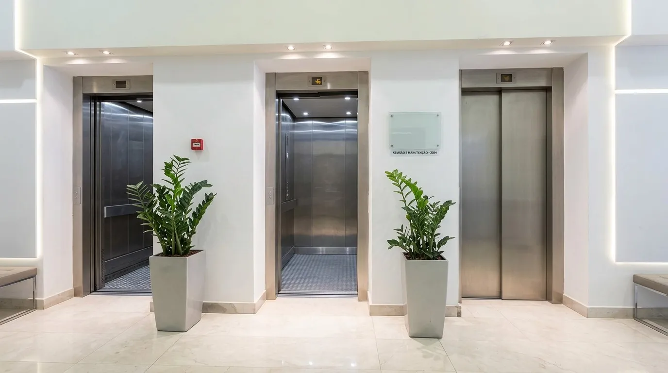 Hall de edifício com três elevadores de portas em aço inox