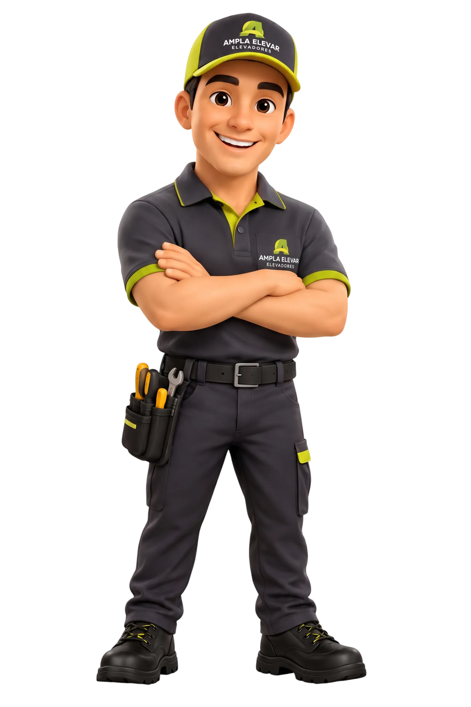 Mascote da Ampla Elevar, técnico de uniforme com os braços cruzados