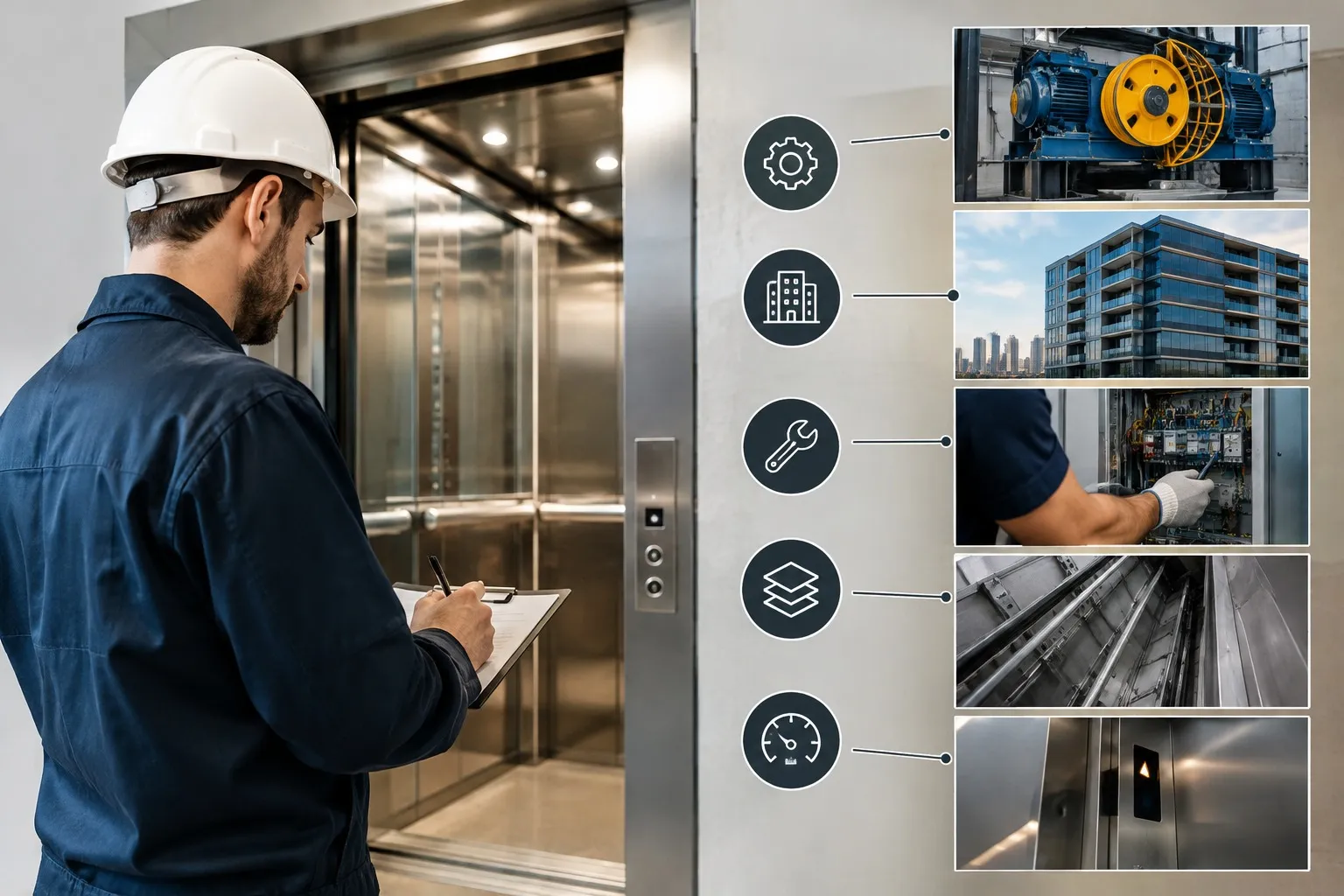 Técnico da Ampla Elevar fazendo vistoria na porta de um elevador