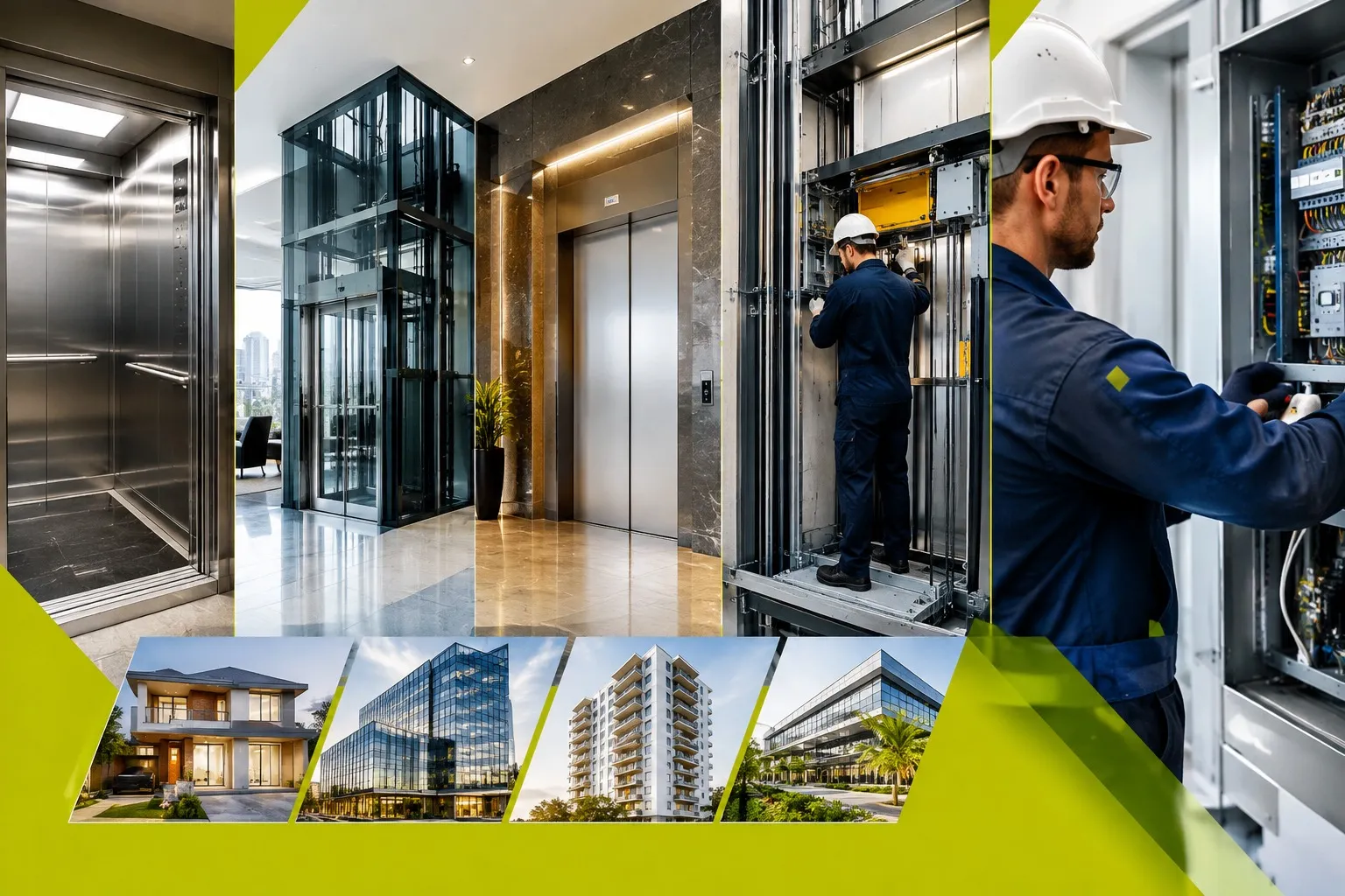 Técnico trabalhando no poço de um elevador em hall de prédio comercial